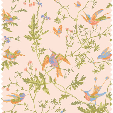 Hummingbirds Cotton Tangerine & Olive On Blush F125-3010